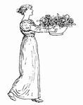 Woman standing with bowl of flowers.