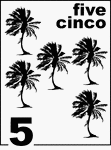 Bilingual Counting Card featuring illustrations of five Palm Trees.