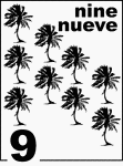 Bilingual Counting Card featuring illustrations of nine Palm Trees.
