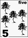 English Counting Card featuring illustrations of five Palm Trees.