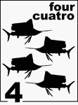 Bilingual Counting Card featuring illustrations of four Sailfishes.