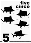 Bilingual Counting Card featuring illustrations of five Sailfishes.