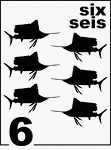 Bilingual Counting Card featuring illustrations of six Sailfishes.