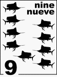 Bilingual Counting Card featuring illustrations of nine Sailfishes.
