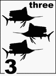 English Counting Card featuring illustrations of three Sailfishes.