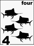 English Counting Card featuring illustrations of four Sailfishes.