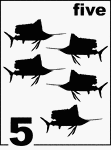 English Counting Card featuring illustrations of five Sailfishes.