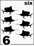 English Counting Card featuring illustrations of six Sailfishes.