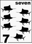 English Counting Card featuring illustrations of seven Sailfishes.