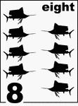 English Counting Card featuring illustrations of eight Sailfishes.