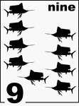 English Counting Card featuring illustrations of nine Sailfishes.