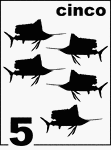 Spanish Counting Card featuring illustrations of five Sailfishes.