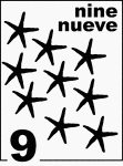 Bilingual Counting Card featuring illustrations of nine Starfishes.
