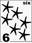 English Counting Card featuring illustrations of six Starfishes.