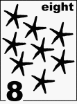 English Counting Card featuring illustrations of eight Starfishes.