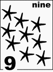 English Counting Card featuring illustrations of nine Starfishes.