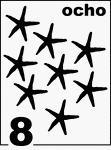 Spanish Counting Card featuring illustrations of eight Starfishes.
