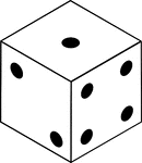 An orthographic illustration of a die displaying sides 1, 2, and 4.