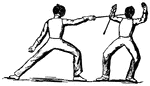 Prime parry. The thrust <em>in prime</em> for the left side of the body is parried by the act of striking up the opponent's foil by lowering the point of the foil, the back of the hand toward the face, as shown in the right-hand figure.