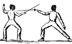 Quarte parry. The thrust <em>in quarte</em> for the left side of the body, on the high lines, is parried by striking down to the left the opponent's foil by assuming the attitude shown in the left-hand figure.