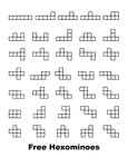 A poster of thirty five Free Hexominoes.