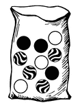 Bag with four striped, three black, and three white marbles used for a probability activity.
