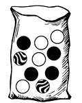Bag with four black, four white, and two striped marbles used for a probability activity.