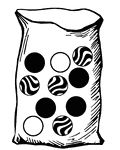 Bag with four black, four striped, and two white marbles used for a probability activity.