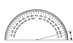 A protractor indicating a measurement of 15 degrees from the right side.