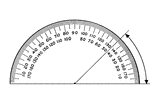 A protractor indicating a measurement of 45 degrees from the right side.