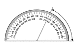 A protractor indicating a measurement of 65 degrees from the right side.