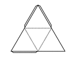 Pattern that can be cut out and folded to construct a regular tetrahedron. Fold on the dotted lines, and keep the edges in contact by the glued strips of paper.