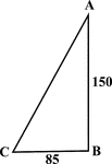 Illustration of a right triangle with legs labeled 150 and 85. This could be used to find the hypotenuse using Pythagorean Theorem.