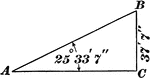 Right triangle with angle of 25 &deg; 33' 7" and side of 37' 7"