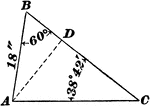 Oblique triangle with side 18" and angles 60 &deg; and 38 &deg; 42'.