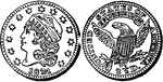 Quarter Eagle ($2.50) United States coin from 1803. Obverse has a right-facing image of Liberty wearing a turban-shaped cap surrounded by 13 equally-spaced stars. Reverse shows an eagle with U.S. shield holding a bundle of arrows in its right talon and an olive branch in its left.