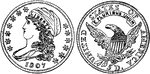 Half Eagle ($5.00) United States coin from 1807. Obverse has a left-facing image of Liberty wearing a turban-shaped cap with 13 stars - 7 facing. Reverse shows an eagle and shield with the eagle holding arrows in its left talon and an olive branch in it right. E PLURIBUS UNUM on a banner above the eagle.