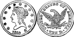 Eagle ($10.00) United States coin from 1838. Obverse has a left-facing image of Liberty wearing a coronet inscribed with LIBERTY and is surrounded by 13 equally-spaced stars. Reverse shows an eagle with shield, without motto, holding a bundle of arrows and an olive branch in its talons, inscription surrounding image - UNITED STATES OF AMERICA.