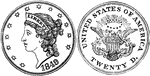 Double Eagle ($20.00) United States coin from 1849. Obverse has a left-facing image of Liberty wearing a coronet inscribed with LIBERTY and is surrounded by 13 equally-spaced stars. Reverse shows an heraldic eagle holding arrows its left talon and an olive branch in it right. Within the ornamental scroll is inscribed E PLURIBUS UNUM and above the image is a circle of 13 stars and rays, inscription surrounding image - UNITED STATES OF AMERICA TWENTY D.