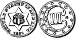 Trime (3 cents) United States coin from 1851. Obverse has the Union shield lying on top of a six-pointed star and is inscribed with - UNITED STATES OF AMERICA with the date at the bottom. Reverse shows by a large, scrolled letter C enclosing the Roman numeral III (denoting value). This image is surrounded 13 equally-spaced stars.
