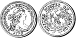 Quarter (25 cents) United States coin from 1796. Obverse has the image of a right-facing Liberty with LIBERTY inscribed above and 1796 inscribed below, surrounded by 13 stars - 6 facing. Reverse shows an heraldic eagle within a wreath surrounded by the inscription - UNITED STATES OF AMERICA.