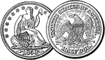 Half Dollar (50 cents) United States coin from 1853. Obverse has the image of a Liberty seated beside a shield, holding a staff with a cap in her left hand surrounded by 13 stars and with arrowheads at the date below the image. Reverse shows an eagle with a left-turned head, holding arrows and an olive branch with rays over its head surrounded by the inscription - UNITED STATES OF AMERICA HALF DOL.