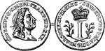 Pence (1 pence) Rosa Americana Series coin. Obverse has a right-facing image of George I surrounded by the inscription - GEORGIUS D:G:M BRI FRA ET HIB REX. Reverse shows the letter I between branches, surrounded by an indecipherable Latin inscription.