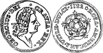 Pence (1 pence) Rosa Americana Series coin from 1722. Obverse has a right-facing image of George I surrounded by the inscription - GEORGIUS DEI GRATIA REX. Reverse shows an uncrowned rose surrounded by the inscription - 1722 ROSE AMERICANA UTILE DULCI.