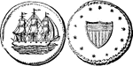 Cent (1 cent) Obverse has the image of a right facing sailing ship. Reverse shows a shield surrounded by 13 equally-spaced stars. Sometimes referred to as the "Carolina Piece"; reason unknown.