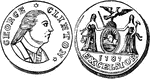 New York Cent (1 cent) New York coin from 1787. Obverse has the right-facing image of a man surrounded with the inscription - GEORGE CLINTON. The reverse shows the state coat of arms with the inscription - 1787 EXCELSIOR below the figure.