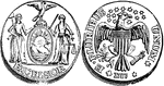 New York Cent (1 cent) New York coin from 1787. Obverse has the state coat of arms with the inscription - EXCELSIOR beneath the figure. Reverse shows a right-facing heraldic eagle with thirteen stars over head, surrounded by the inscription - E PLURIBUS UNUM 1787.