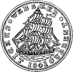 Hard Times Token (unknown) US coin from 1841. Obverse has the image of a right-facing sailing ship surrounded by the inscription - WEBSTER CREDIT CURRENT 1841. Reverse shows the center inscription - NOT ONE CENT FOR TRIBUTE surrounded by a wreath with 9 berries - 3 outside and 6 inside the wreath with a surrounding inscription - MILLIONS FOR DEFENCE.