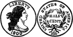 Half Cent (1/2 cent) United States coin from 1800. Obverse has a right-facing profile of Liberty with the inscription - LIBERTY 1800. Reverse shows the value in a laurel wreath two branches crossed, stems tied with ribbon and inscribed - UNITED STATES OF AMERICA 1/200