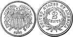 Two Cent (2 cent) United States coin from 1864. Obverse has a shield on crossed arrows, surmounted by a scroll and wreath. The scroll reads - IN GOD WE TRUST, and the date is inscribed below the shield. Reverse shows the value in a wreath of wheat and is surrounded by the inscription - UNITED STATES OF AMERICA.